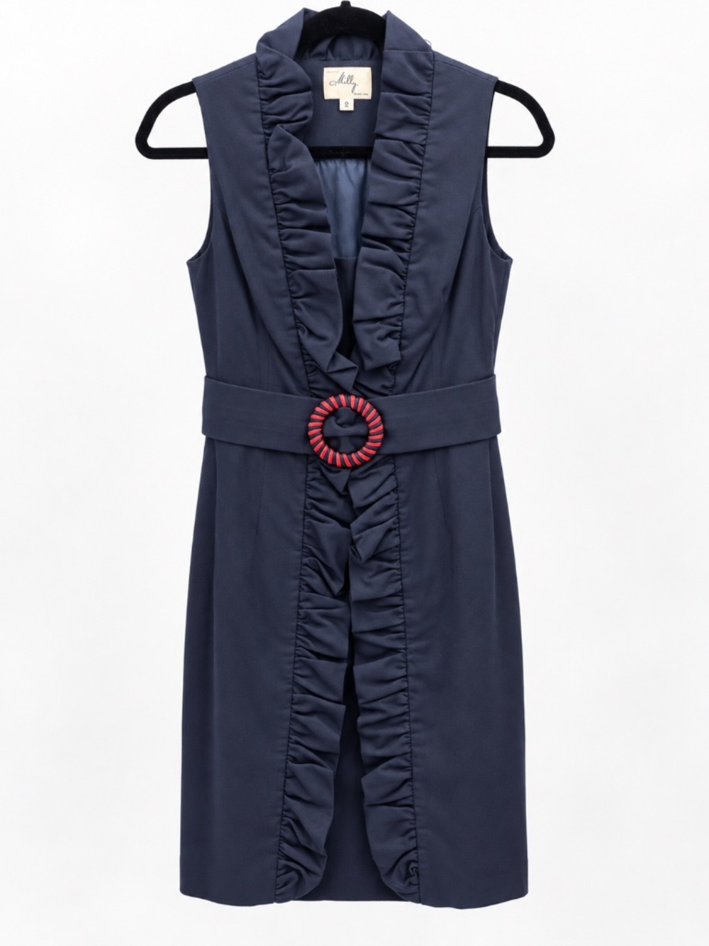 Milly New York Navy Blue Ruffle Front Belted Dress Size 2